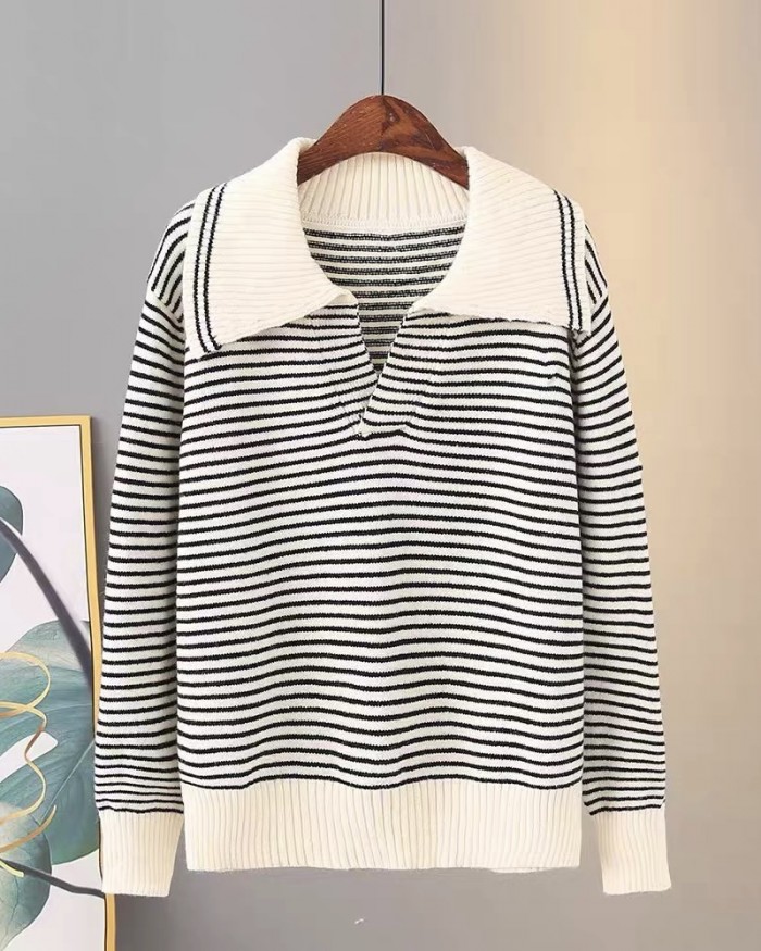 LM+ Stripe knit collared blouse