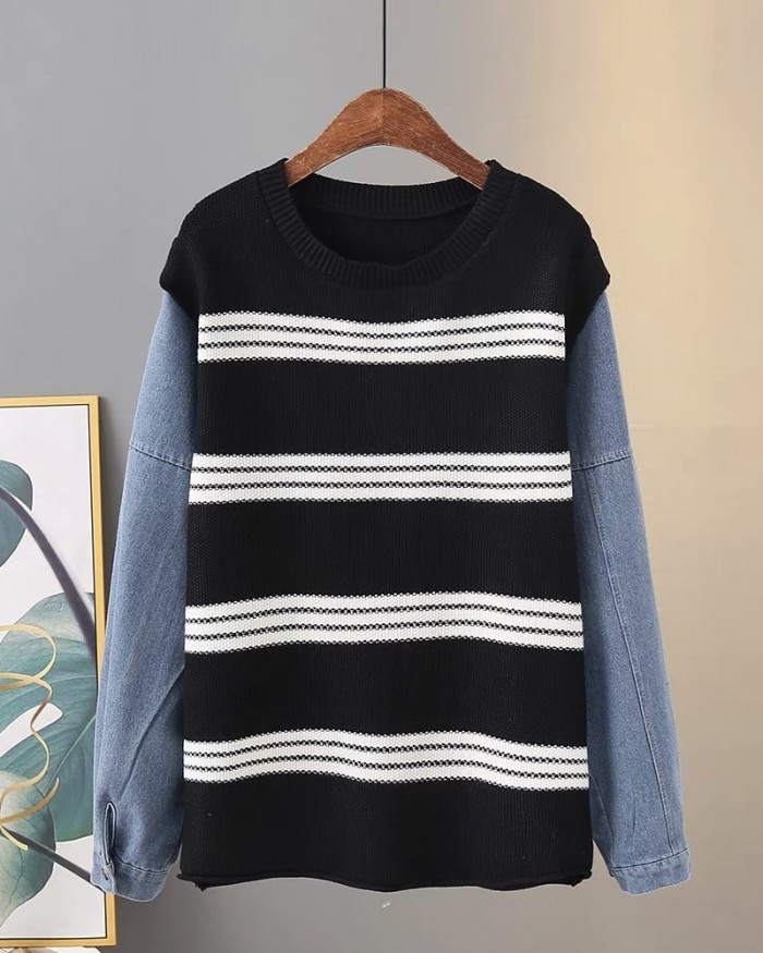LM+ Stripe denim knit pullover