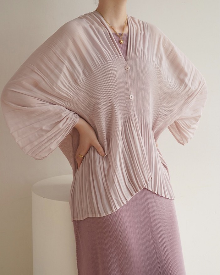 Pleated Crinkle Button Blouse