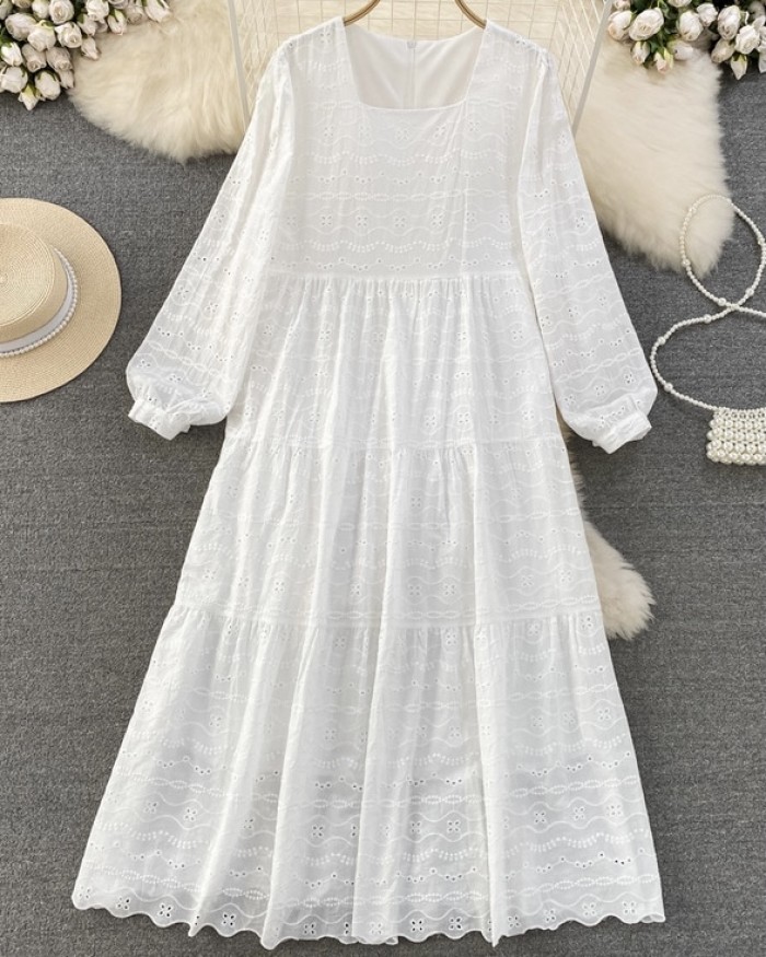 White Eyelet Dress, Long Sleeve Dress, White Cotton Dress, White