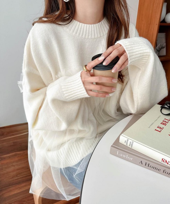 Lace layered knit pullover