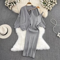 Knit cardigan with inner dress set