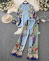 Tropical motif blouse and pants set