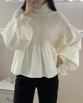 Combination mockneck knit pullover