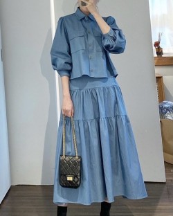 Denim blouse and skirt set