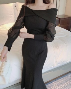 Off shoulder sheer sleeve dress