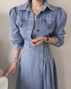 Denim blouse and skirt set