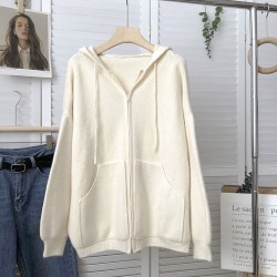 Pastel knit zipper hooded cardi