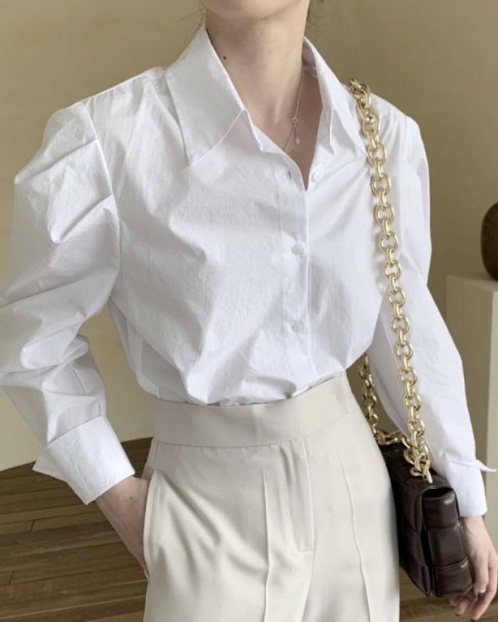 Ruched sleeve button blouse