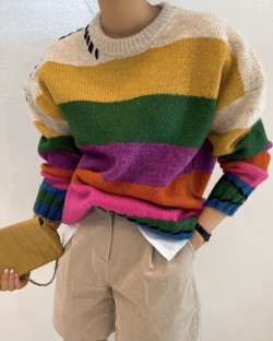 Rainbow stripe knit pullover