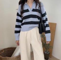 Collared stripe knit pullover