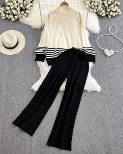 Stripe mockneck knit top and pants set