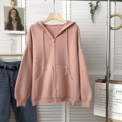 Pastel knit zipper hooded cardi