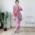 Pleated floral motif blouse and pants set