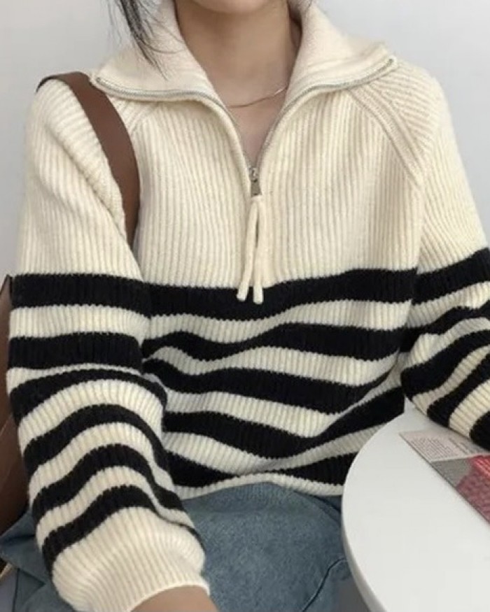 Stripe knit pullover with zipper