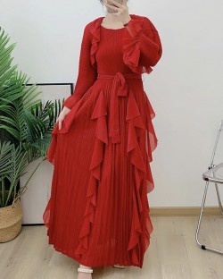 Pleated long ruffle dress