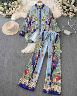 Tropical motif blouse and pants set