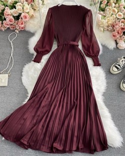 Pleated Dress with Sheer Sleeves