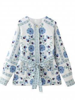 Floral motif cardigan with sash