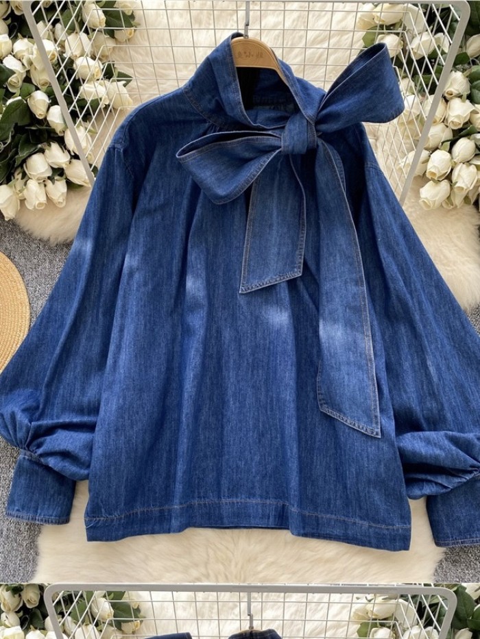 Scarf tie denim blouse