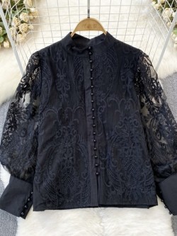 Lace detail sheer sleeve blouse