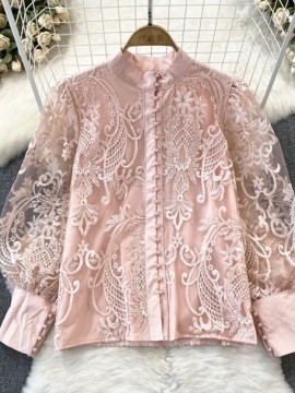 Lace detail sheer sleeve blouse