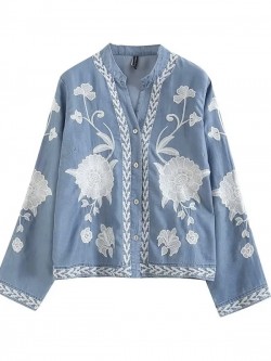 Embroidery motif denim blouse