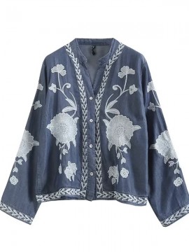 Embroidery motif denim blouse