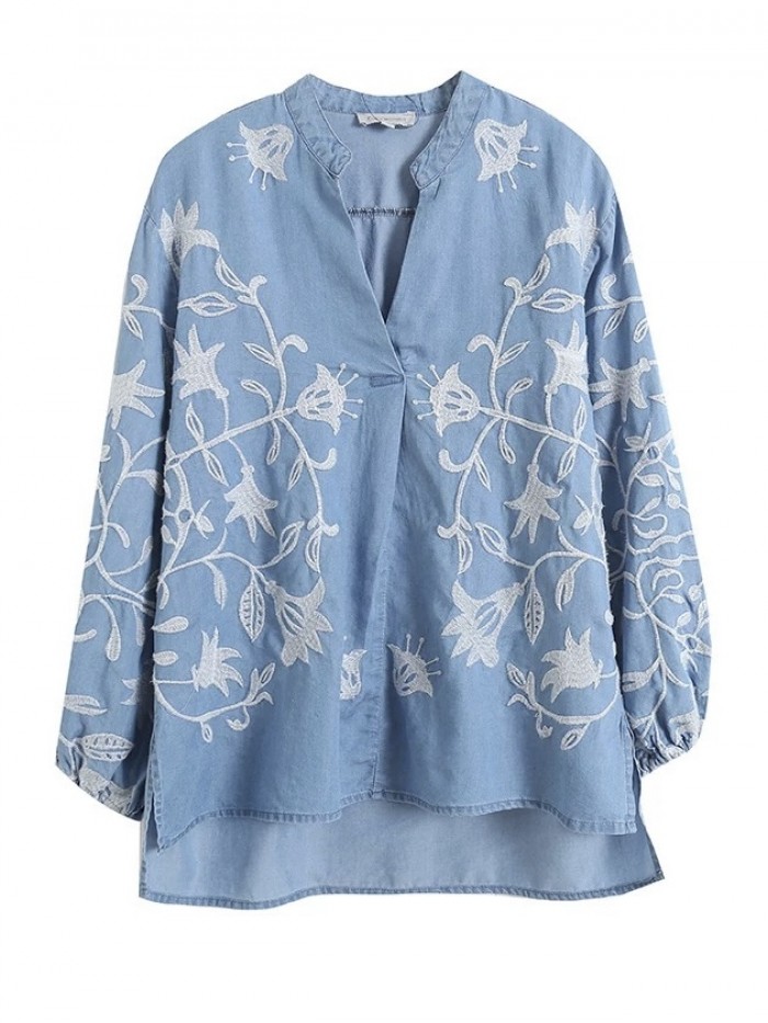 Embroidery motif denim blouse