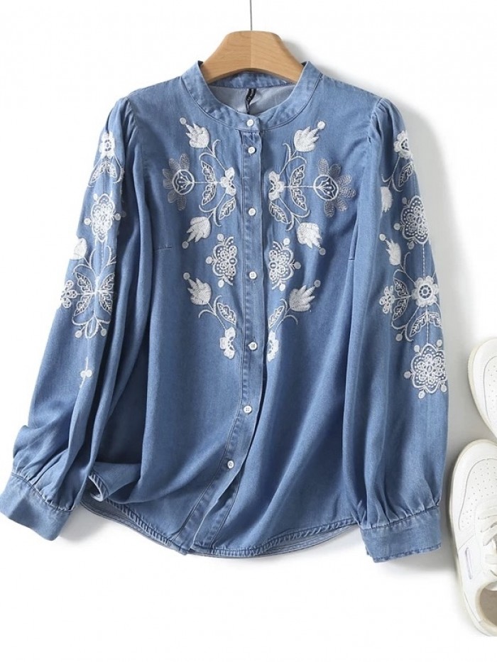 Embroidery motif denim blouse