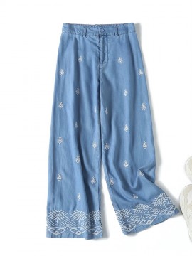 Embroidery denim palazzo pants