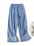 Embroidery denim palazzo pants