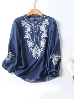 Embroidery motif denim blouse