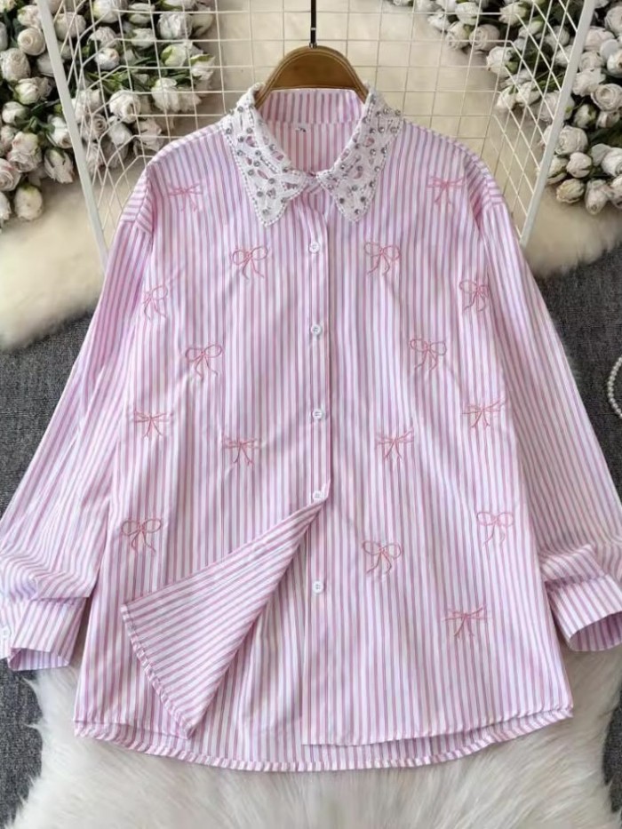 Bow motif stripe button blouse