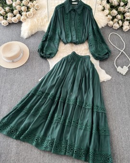 Lace trim blouse and skirt set