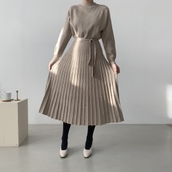 Pleated knit dress with sash