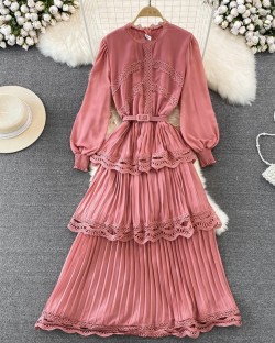 Long lace trim tiered dress