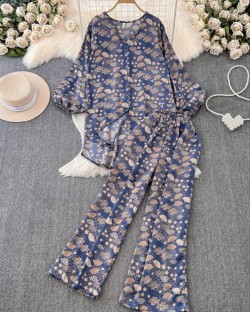 V-neck motif blouse and pants set