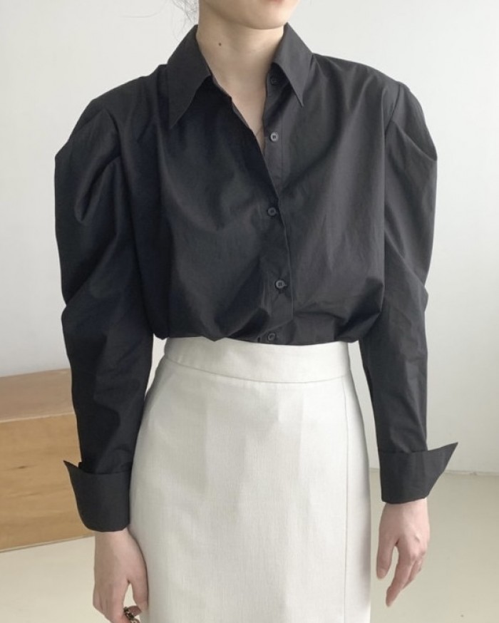 Ruched sleeve button blouse