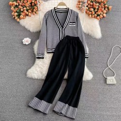 Checkered knit cardigan and pants set