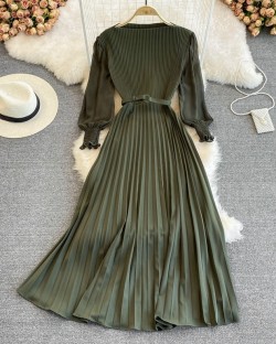 Pleated Dress with Sheer Sleeves