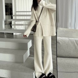 Button split knit pullover and pants set