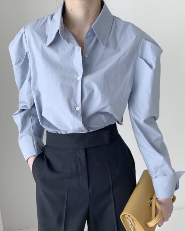 Ruched sleeve button blouse