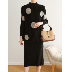 Pleated polka dot blouse and skirt set