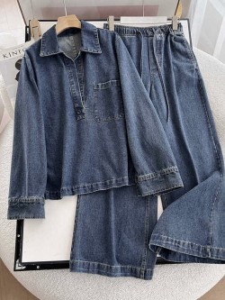 Denim blouse and drawstring pants set